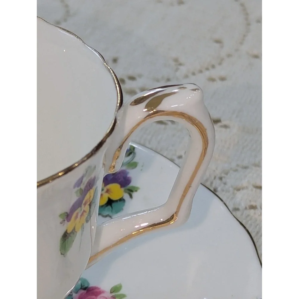 Vintage Tea Cup and Saucer Set White Floral Crown Staffordshire Gold